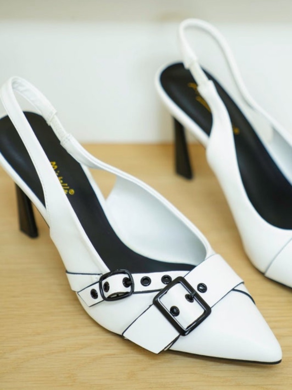 White Pointed Slingback Heels with Buckle Detail- NIB